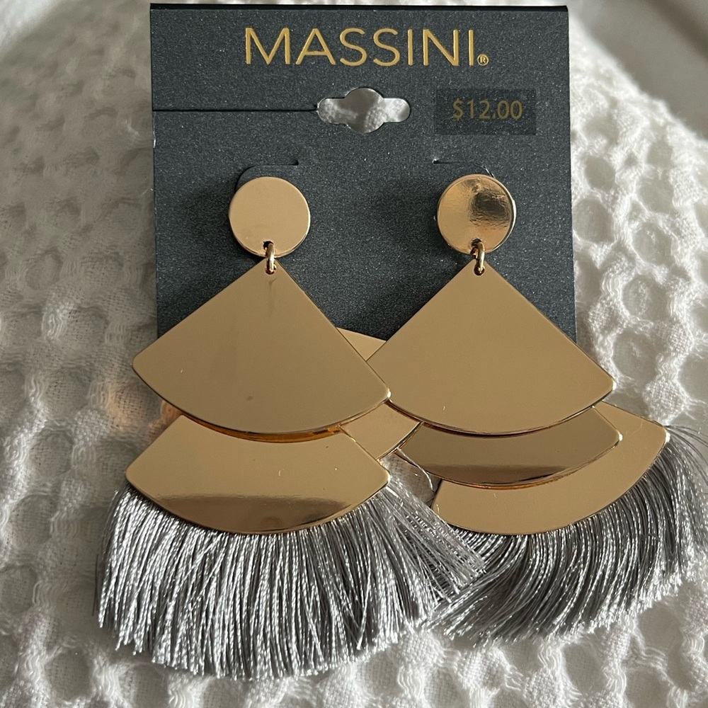 Massini Gold Tone Earrings with Gray Fringe